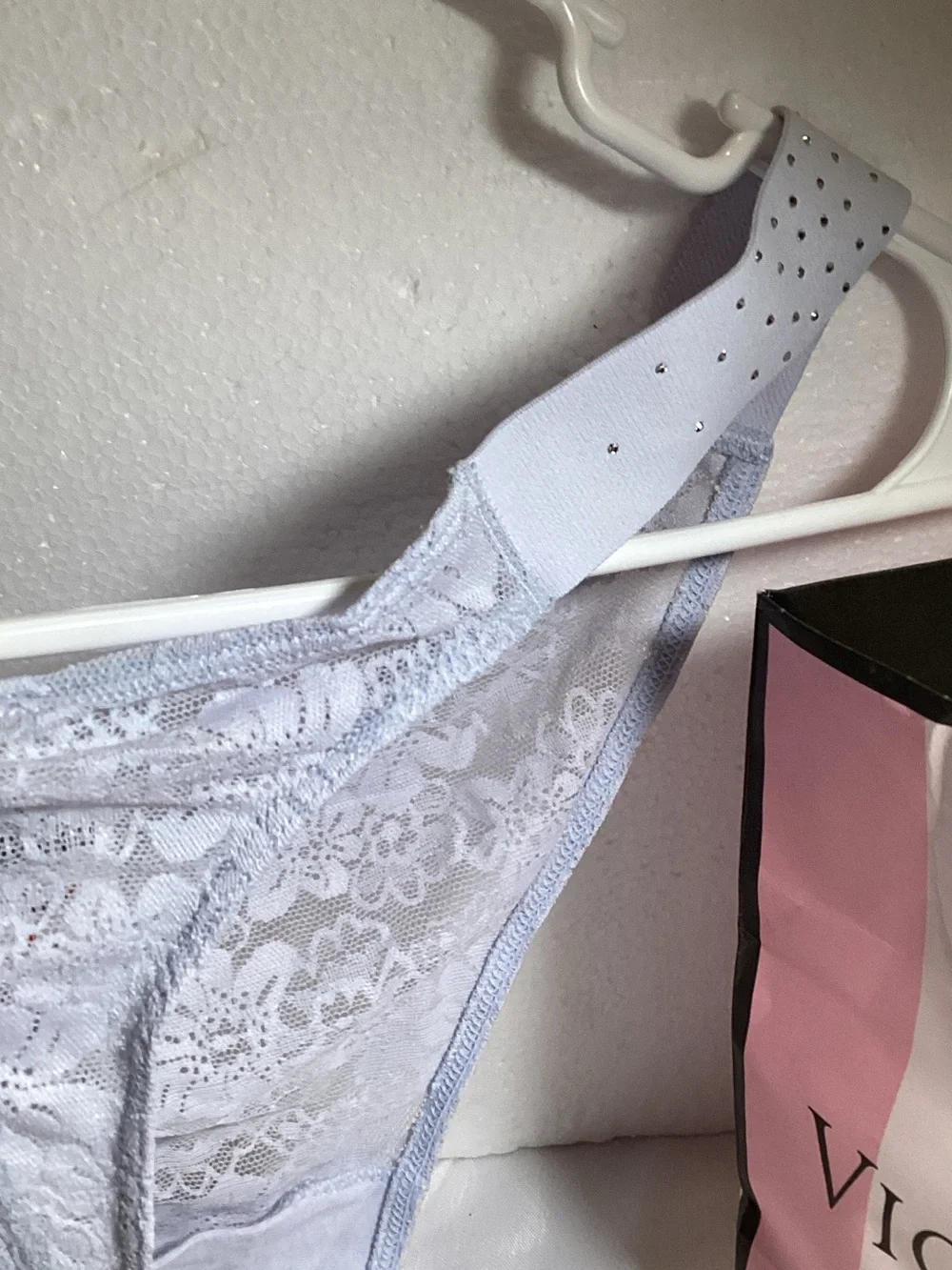 PINK Victoria's Secret Lace High-Cut Thong Panty - Light Gray